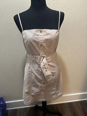 Beige Gingham Belted Mini Dress with Spaghetti Straps